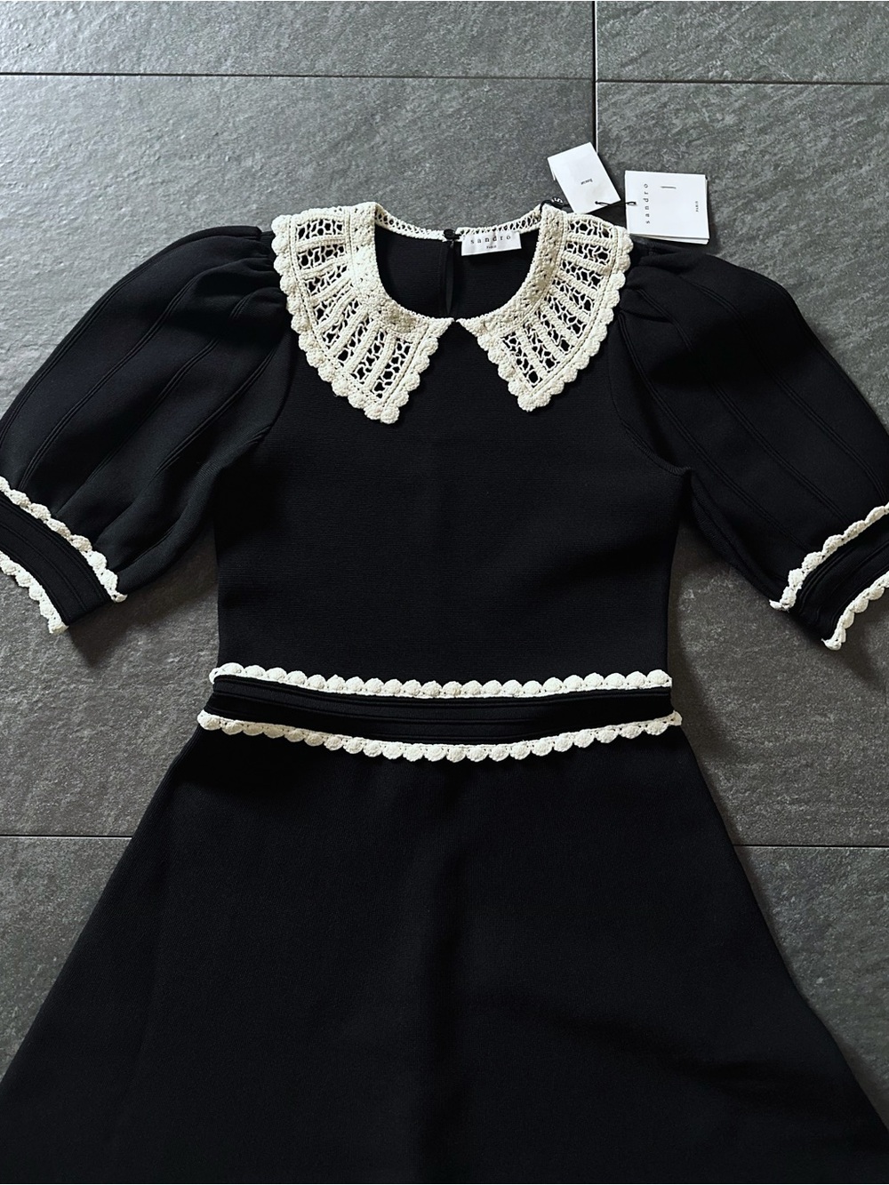 Sandro Paris NWT Lace Collar Puff Sleeve Knit Mini Dress – Women’s S Black - Picture 3 of 13